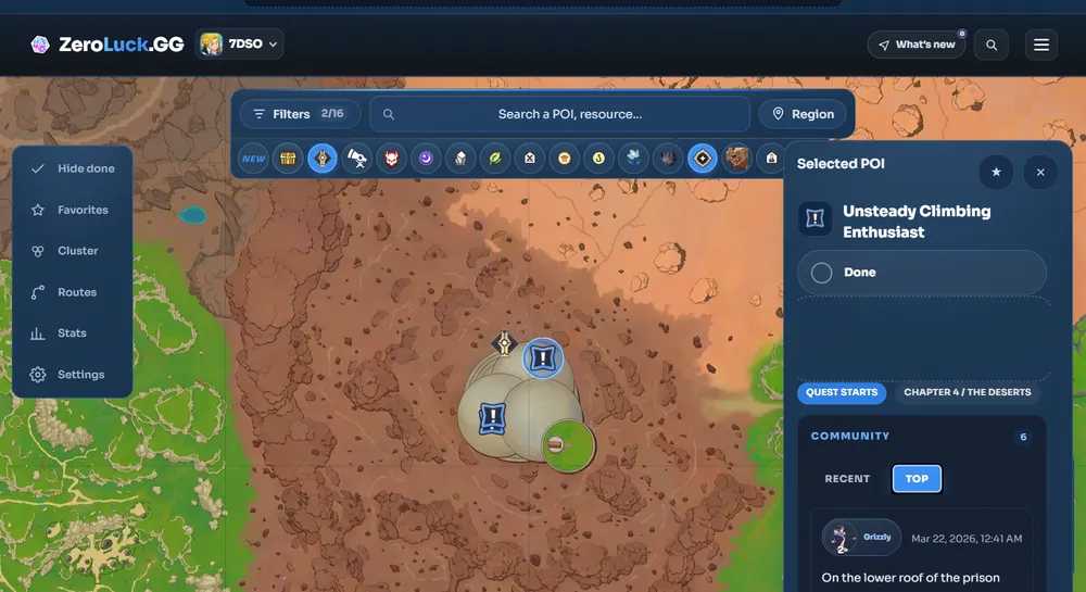 Unsteady Climbing Enthusiast, The Deserts location on the interactive map