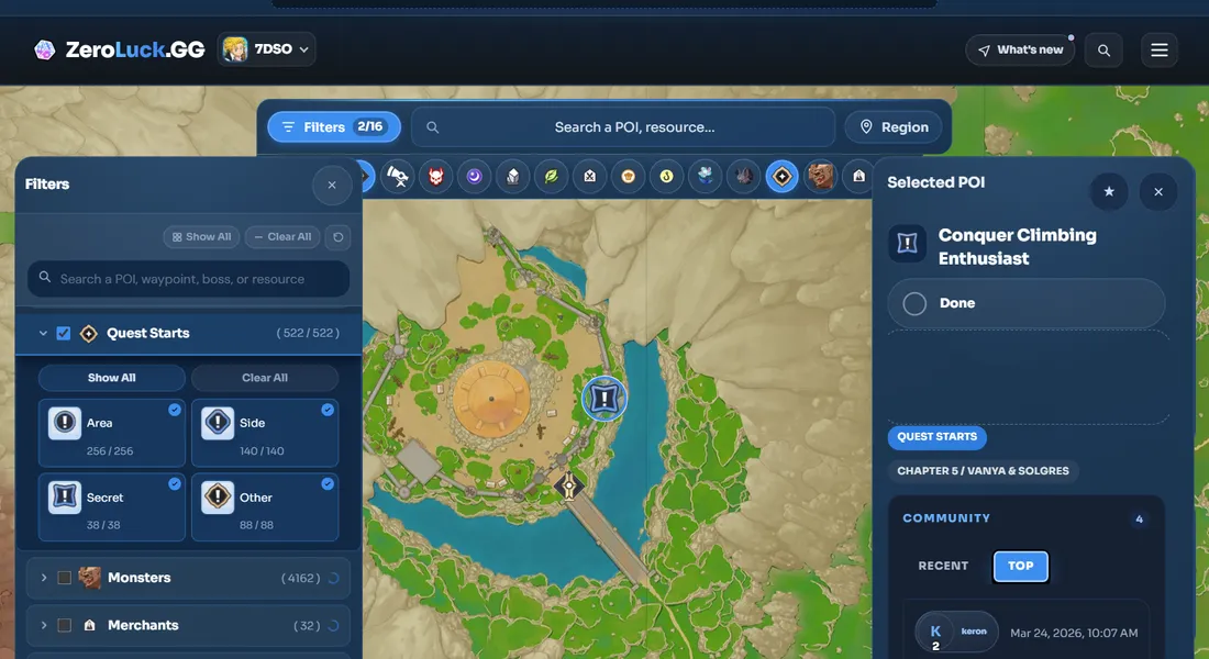 Filtering the hidden quests on the 7DS: Origin interactive map (Quest Starts → Secret)